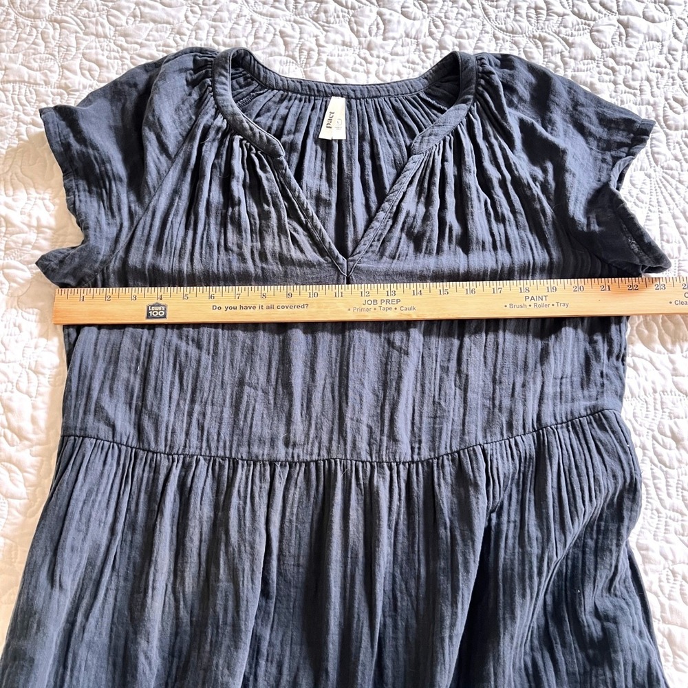 Pact Organic Cotton Gauze Tiered Midi Dress Blue V-Neck Pockets Comfy size Large - Picture 8 of 8